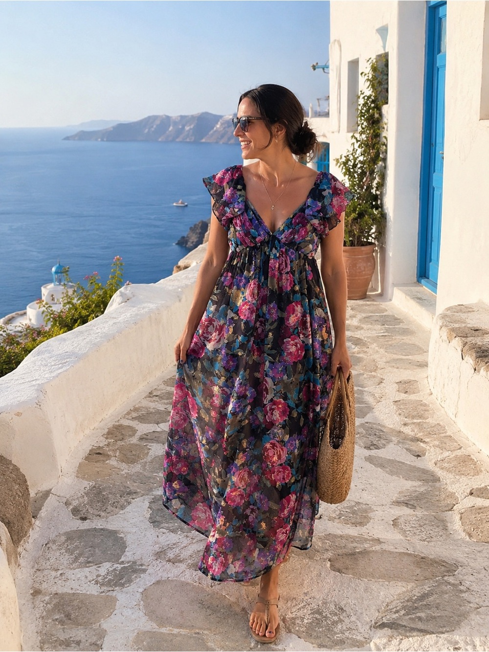 ✨ Meet Me in Santorini Floral Maxi Dress